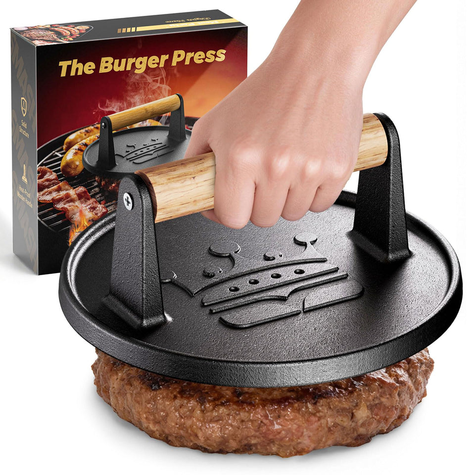 Basinel Smash Burger Press with wood handle for easy patty pressing.