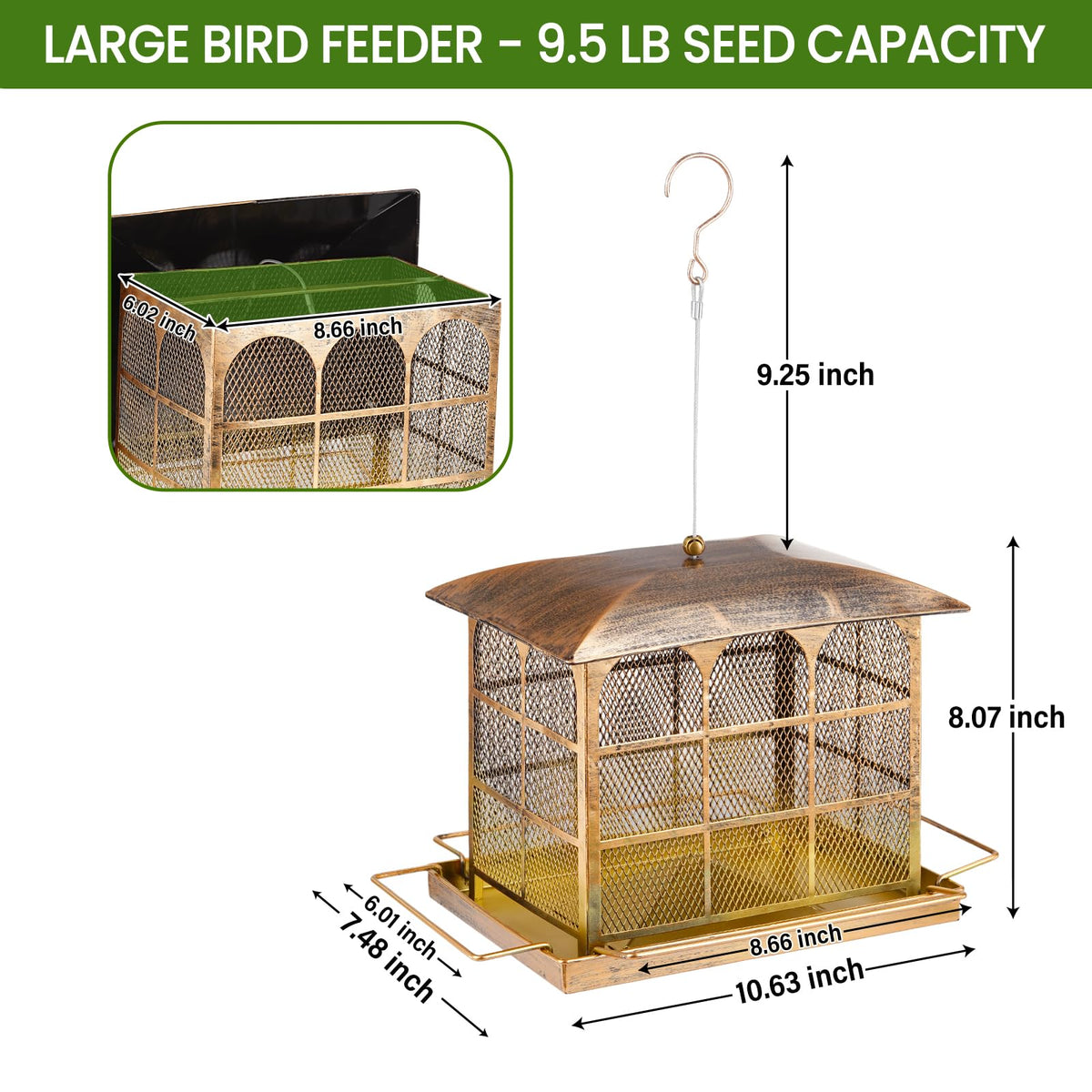Basysnck 9.5lb capacity feeder showing seed reservoir and long refill interval