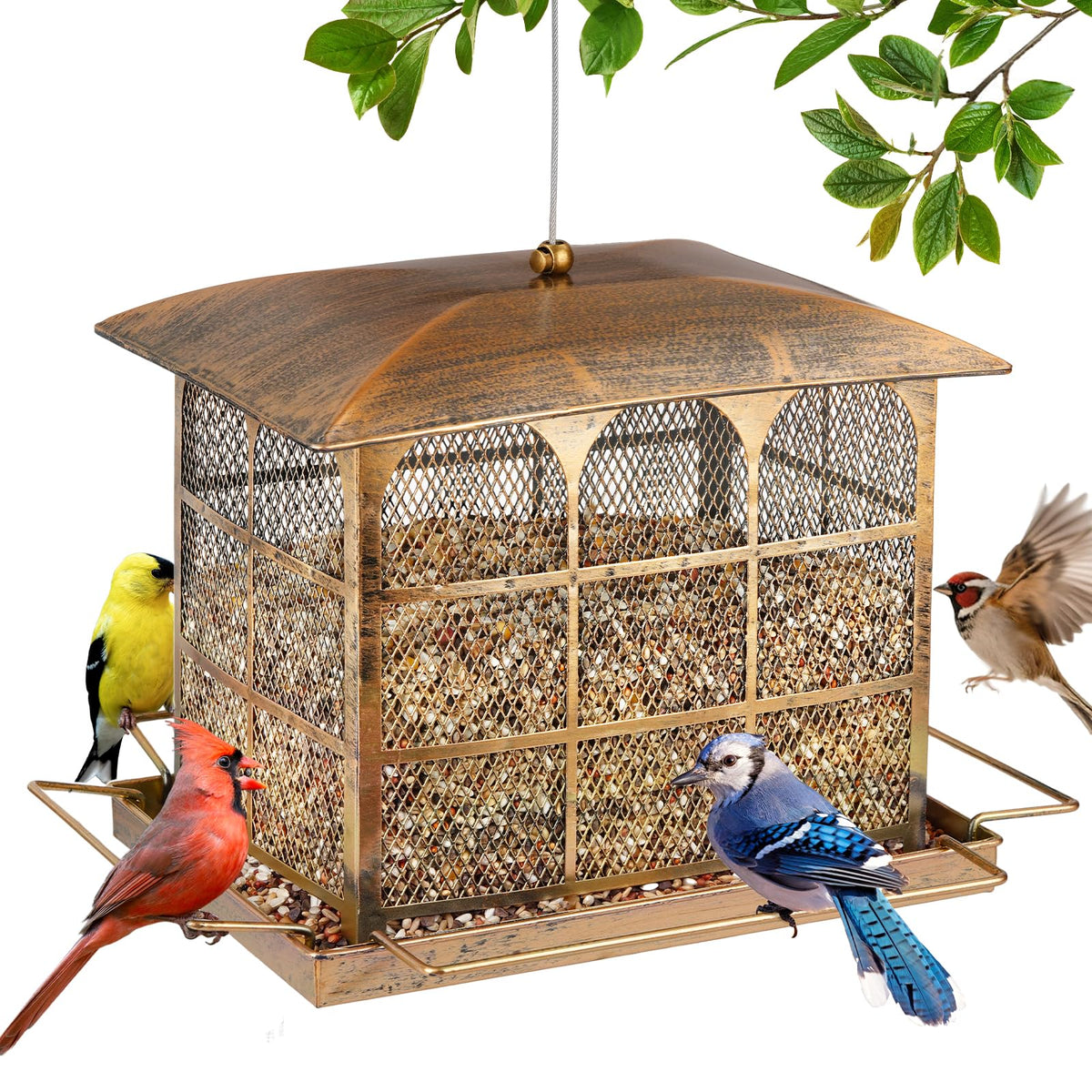Basysnck large bird feeder with copper-plated exterior attracts cardinals and songbirds for easy viewing
