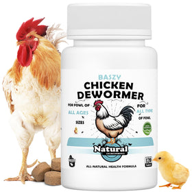 Baszy Chicken Dewormer bottle front shows 120 tablets in USA-made packaging