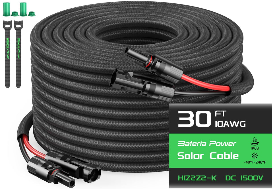 Bateria Power 10AWG 30ft extension with female IP68 connector for outdoor solar use