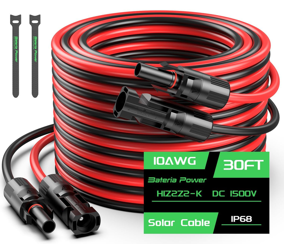 Bateria Power 30ft black 10AWG solar cable for outdoor PV connections.