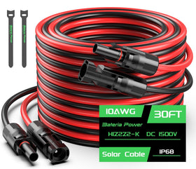 Bateria Power 30ft black 10AWG solar cable for outdoor PV connections.