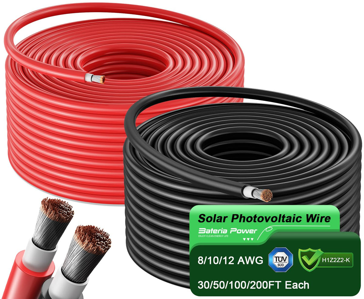 Bateria Power 50ft black solar wire for durable outdoor installations with polarity clarity.