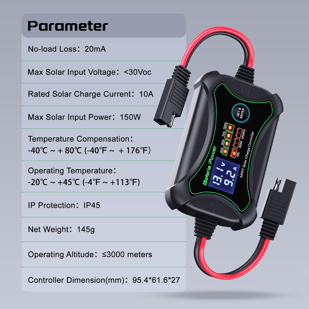 Max PV input up to 150W supports small-to-medium solar arrays.