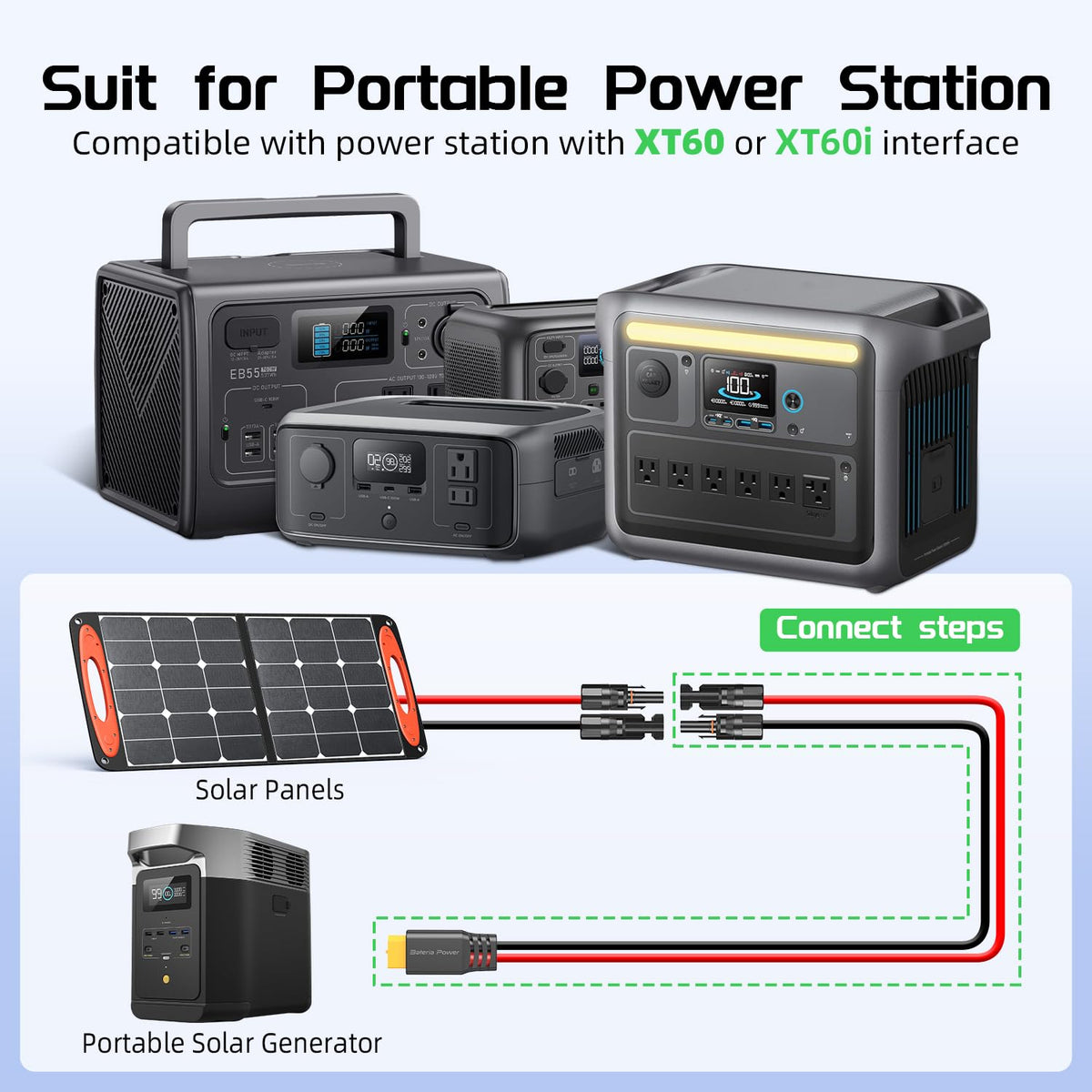 Bateria Power XT60 connector with reinforced bend for durable solar installs.