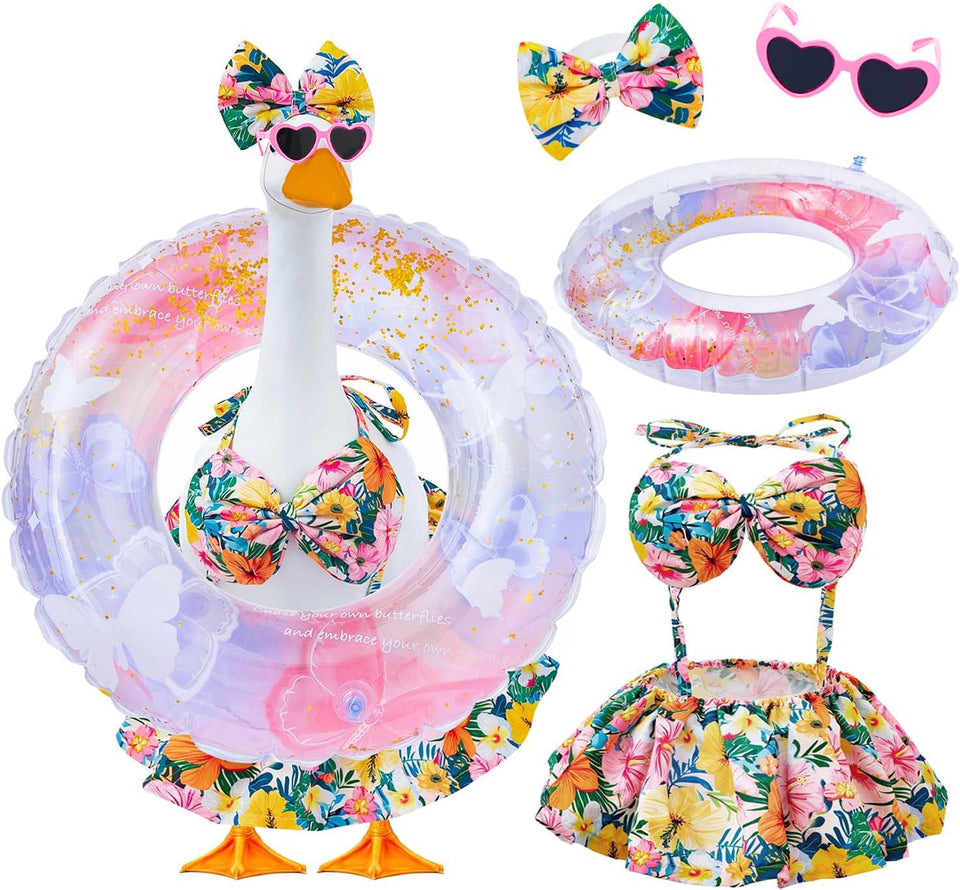 Batfsm bikini porch goose outfit on a 23-inch statue for vibrant summer porch decor.