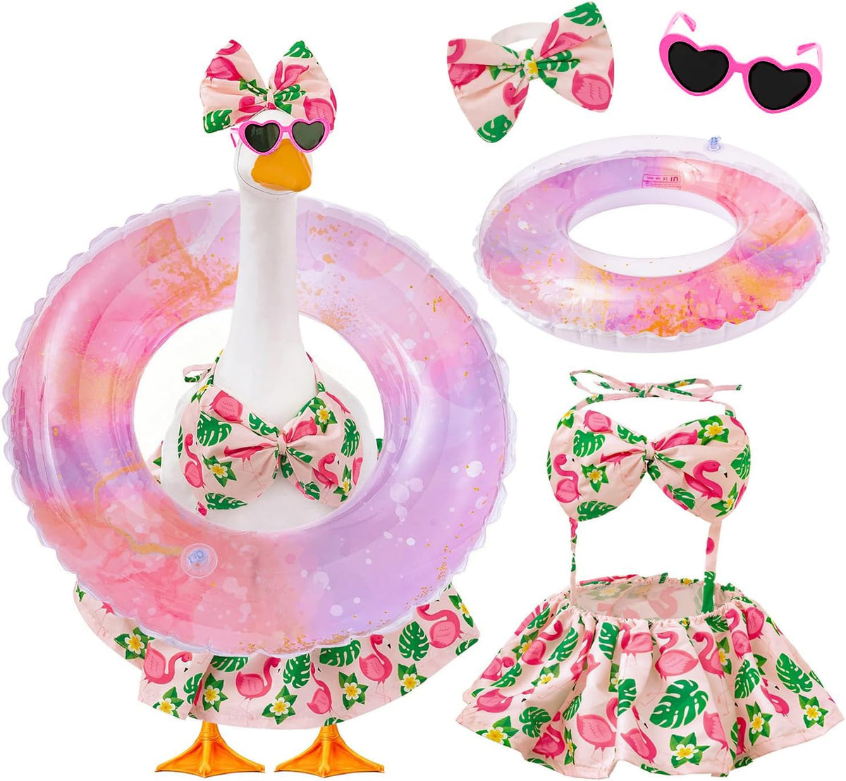 Batfsm bikini porch goose outfit on a 23-inch statue for a bright summer look.