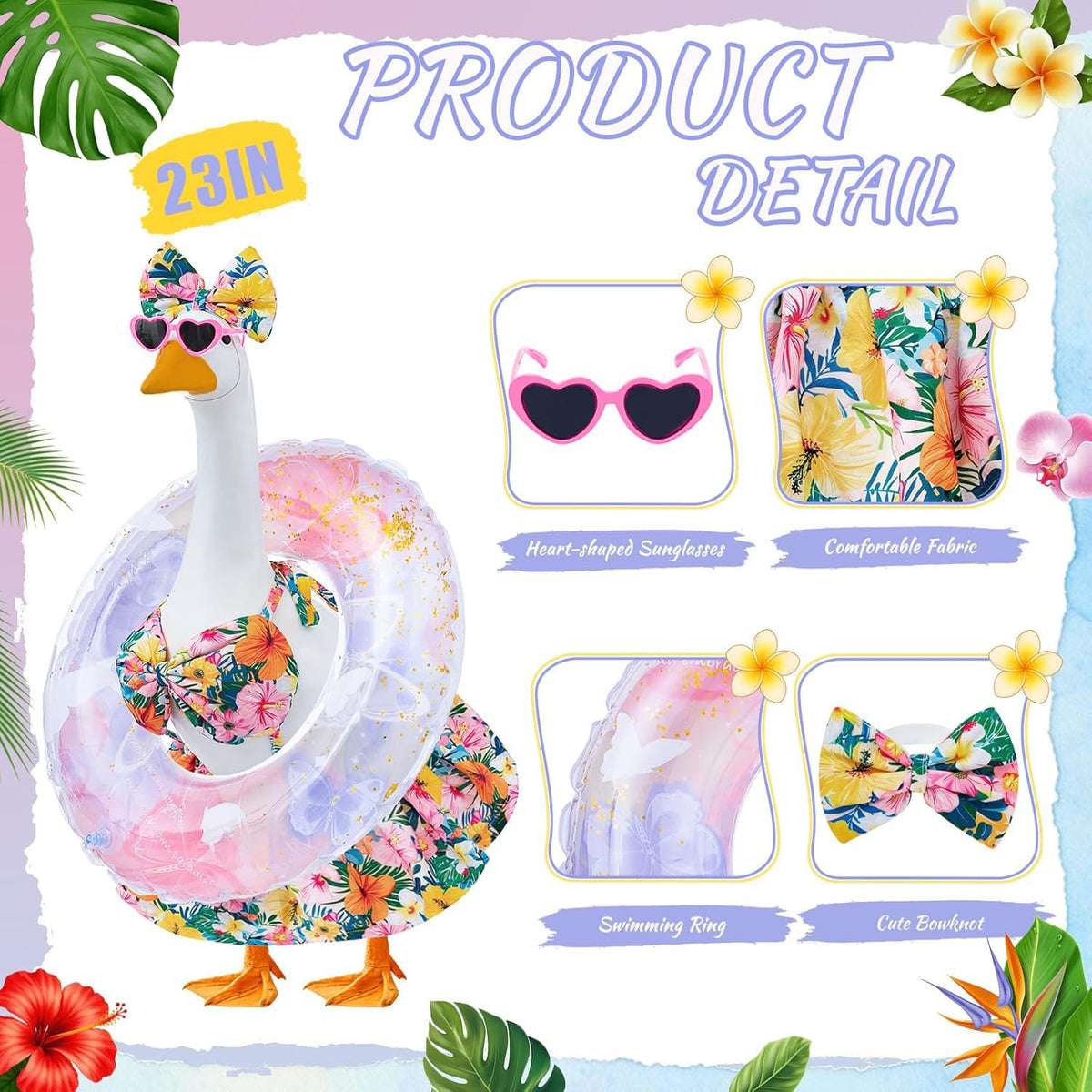 Batfsm goose swim ring adds playful tropical flair to porch or yard.