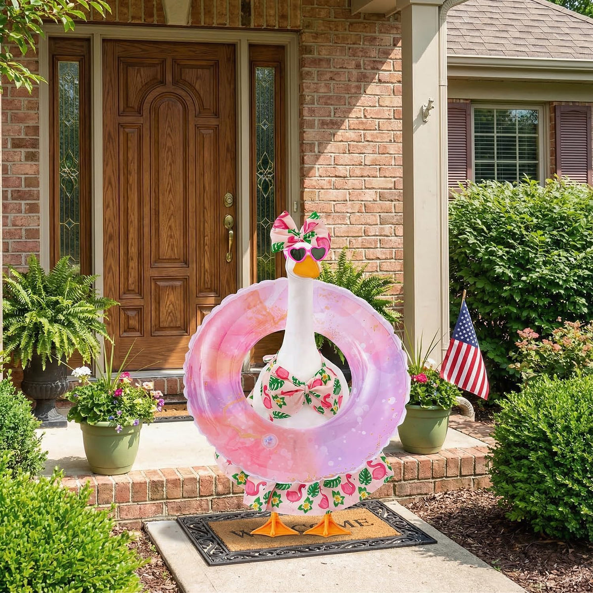 Batfsm porch-goose decor transforms garden spaces into a cheerful scene.
