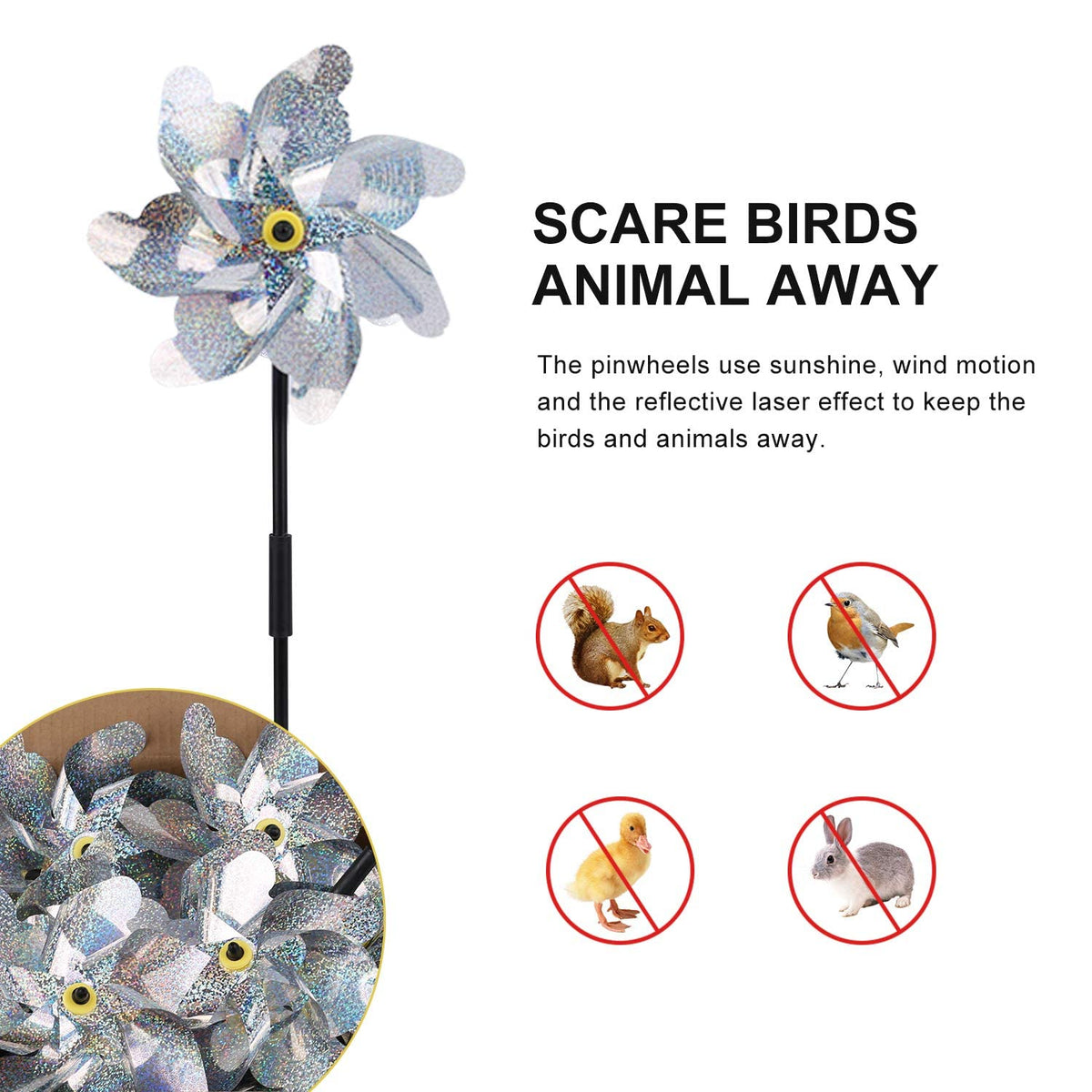 BATTIFE Bird deterrent pinwheel helps protect crops and flowers in the garden.