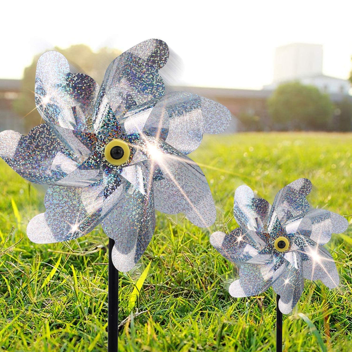 BATTIFE Reflective Pinwheel with preinstalled blades enhances garden ambiance and bird deterrence.