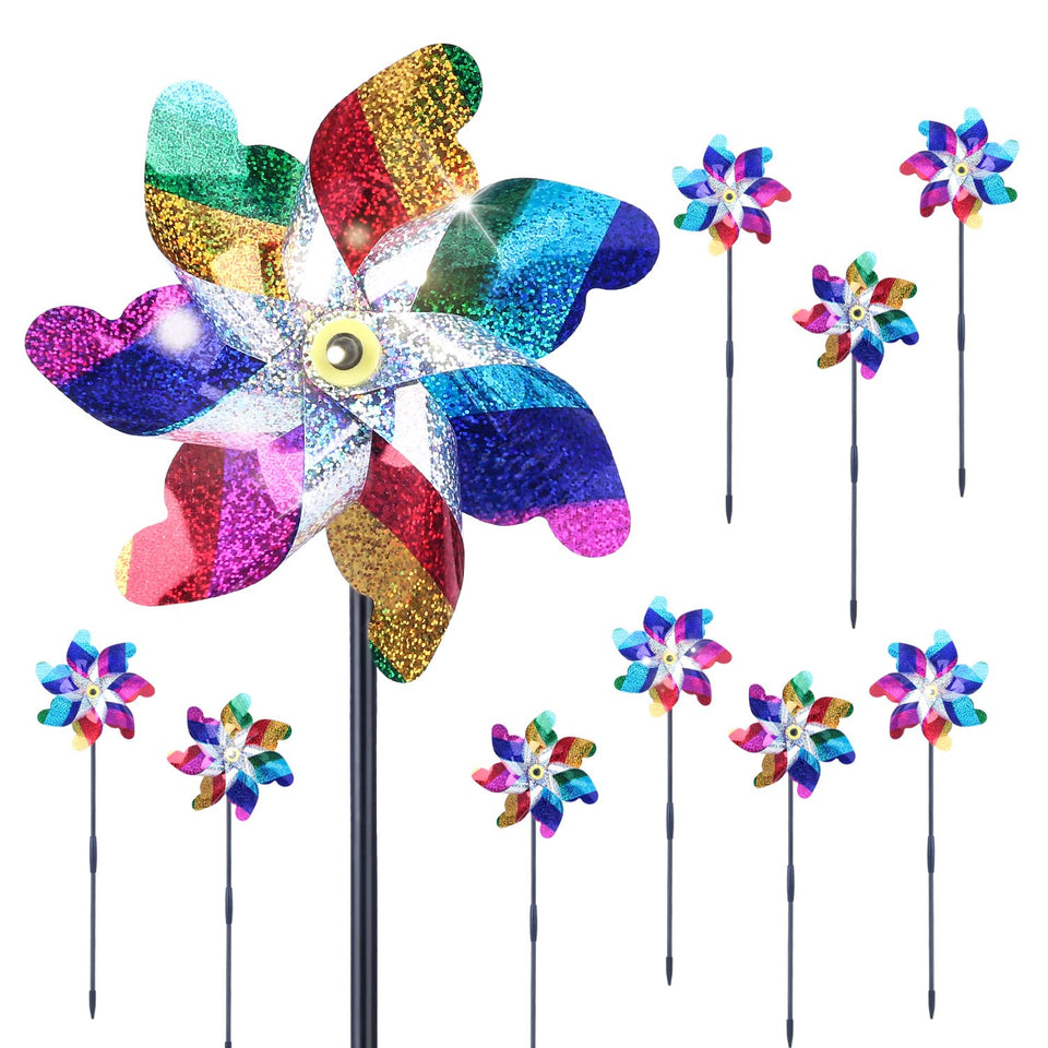 BATTIFE reflective pinwheels spinning in a sunny garden with rainbow reflections