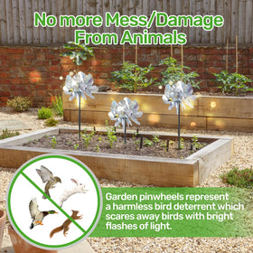BATTIFE Silver double-sided pinwheels enhance yard decor with bright, rotating visibility.
