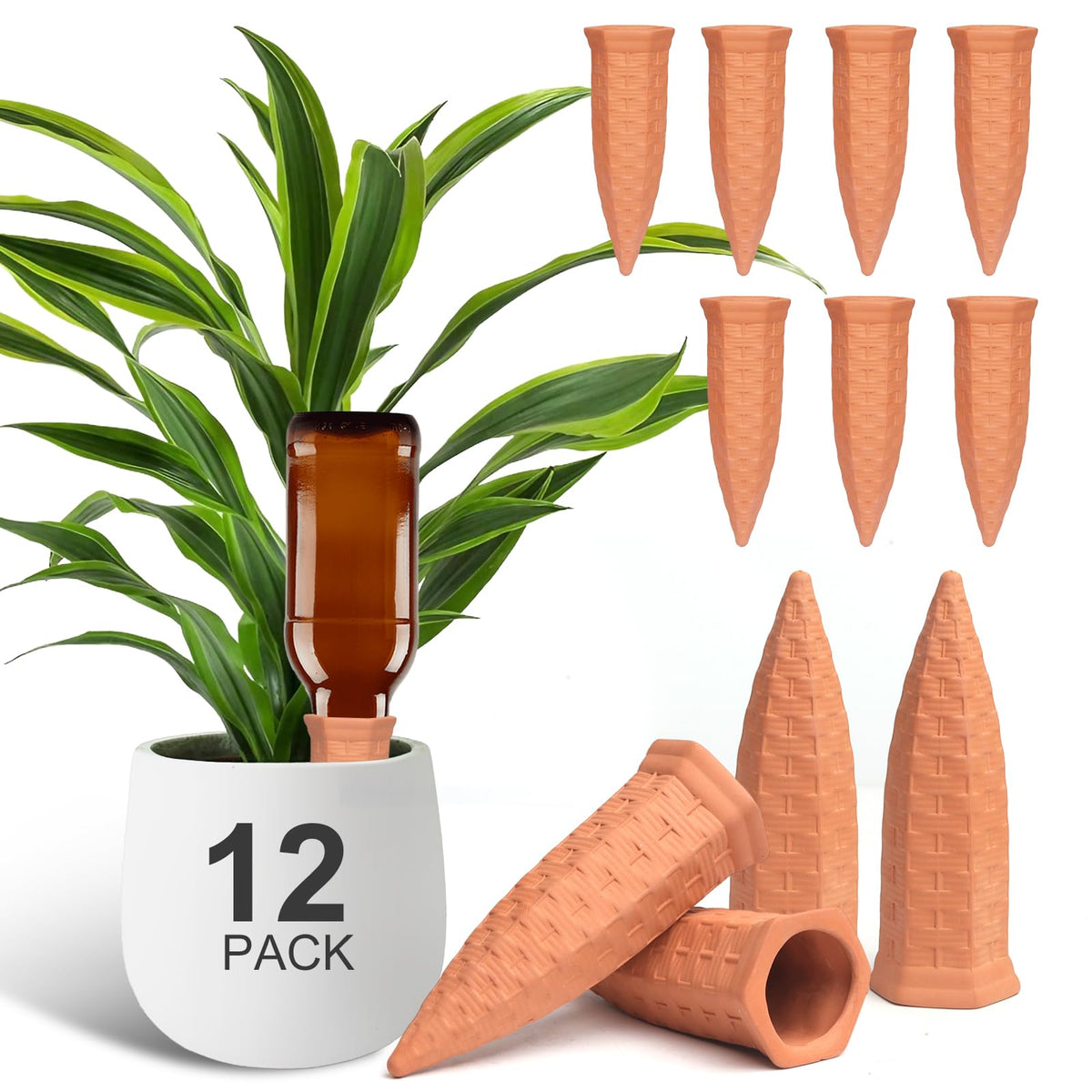 Baxrou self-watering stake in terracotta promotes steady soil moisture