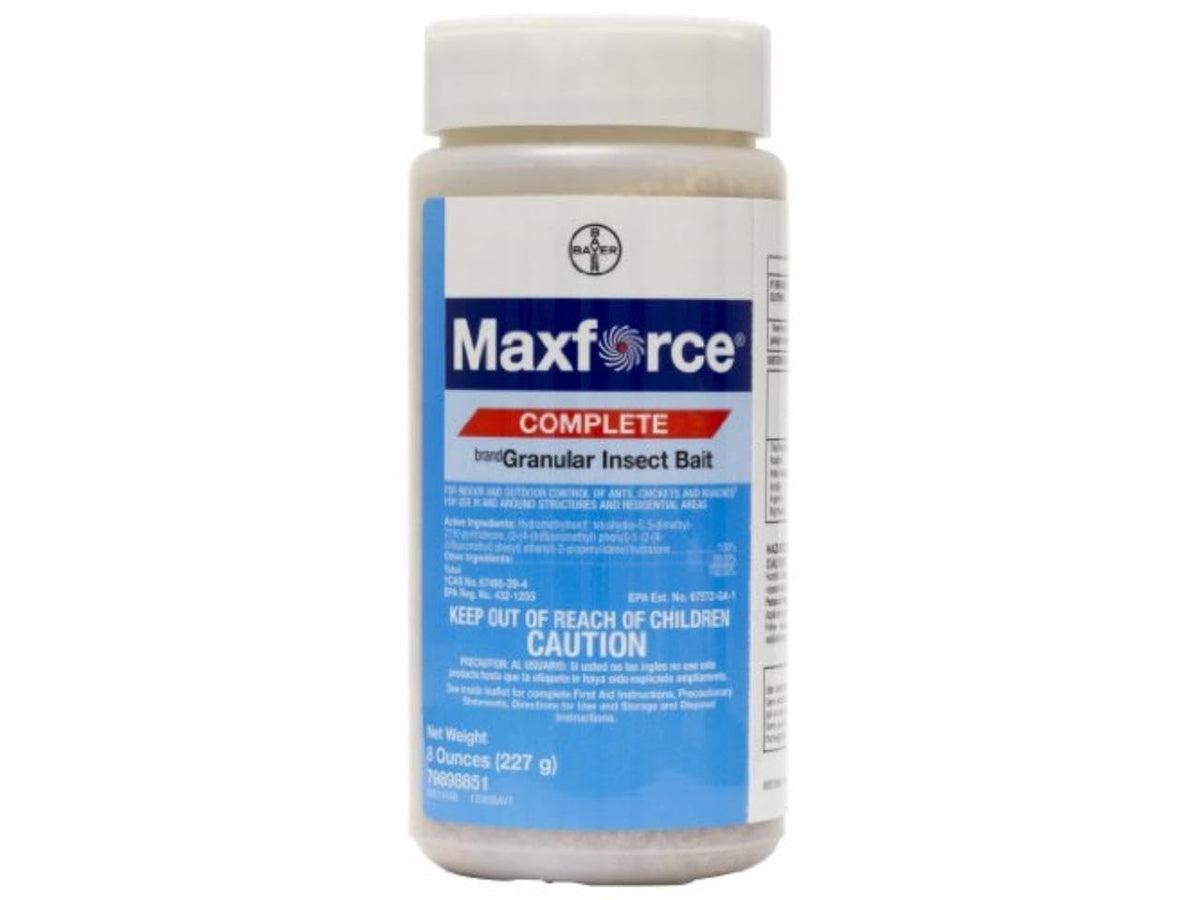 Bayer Maxforce Complete 8oz bottle close-up showing granular bait for indoor pest control