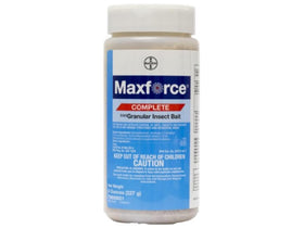 Bayer Maxforce Complete 8oz bottle close-up showing granular bait for indoor pest control