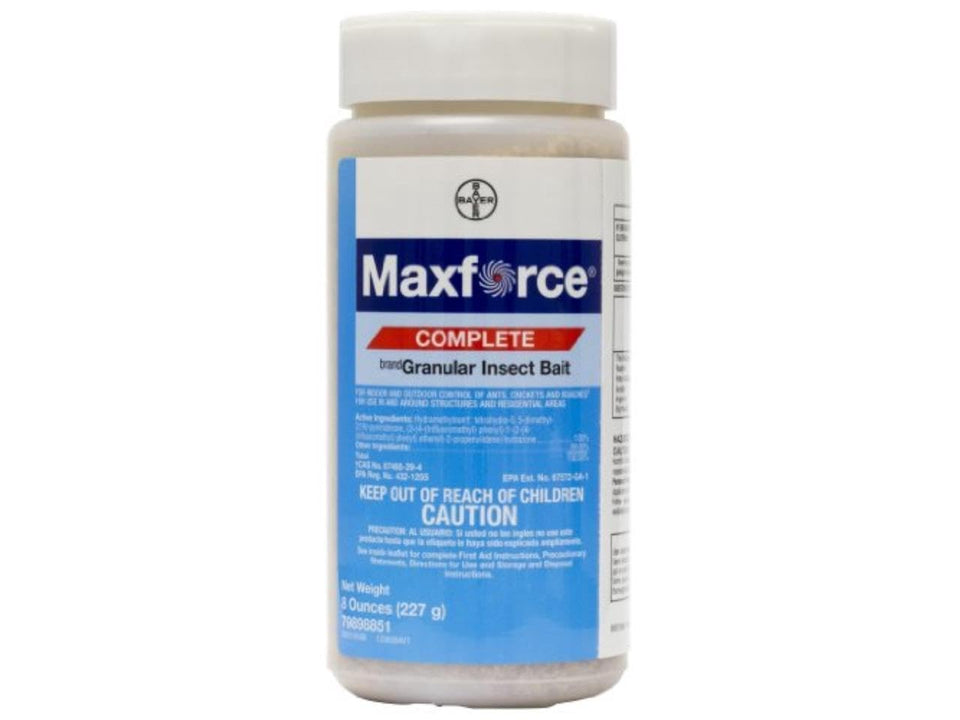 Bayer Maxforce Complete 8oz bottle close-up showing granular bait for indoor pest control