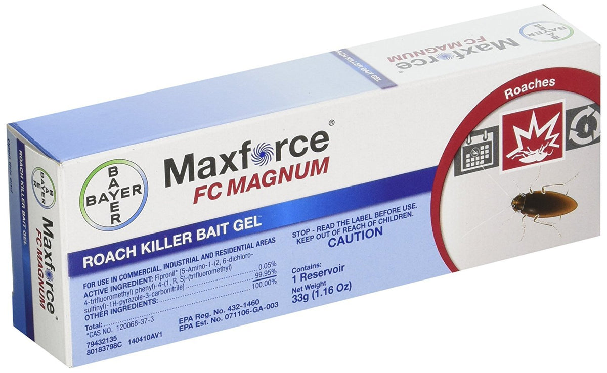 Bayer Maxforce FC Magnum roach bait gel bottle showing fast-acting contact kill potential.