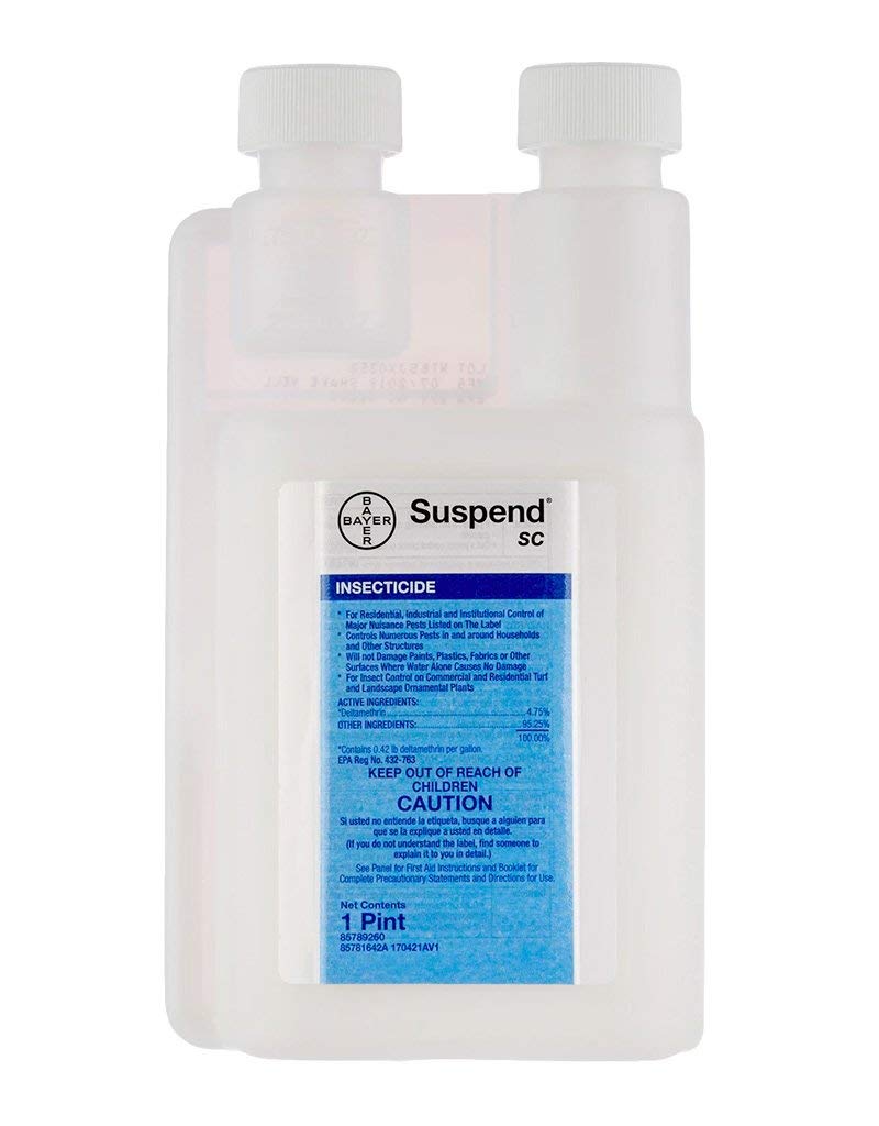 Bayer Suspend SC label close-up highlighting versatile application on fabrics like mattresses and upholstery