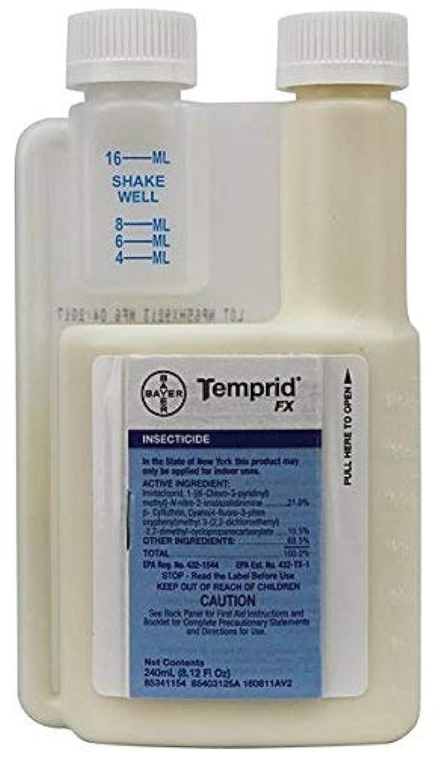 Bayer Temprid FX bottle pour showing precise dosing for indoor and outdoor pest control