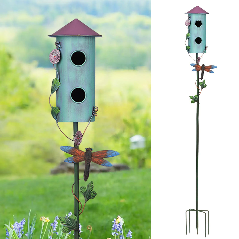 BAYN birdhouse stake with cone roof inviting small birds to the garden