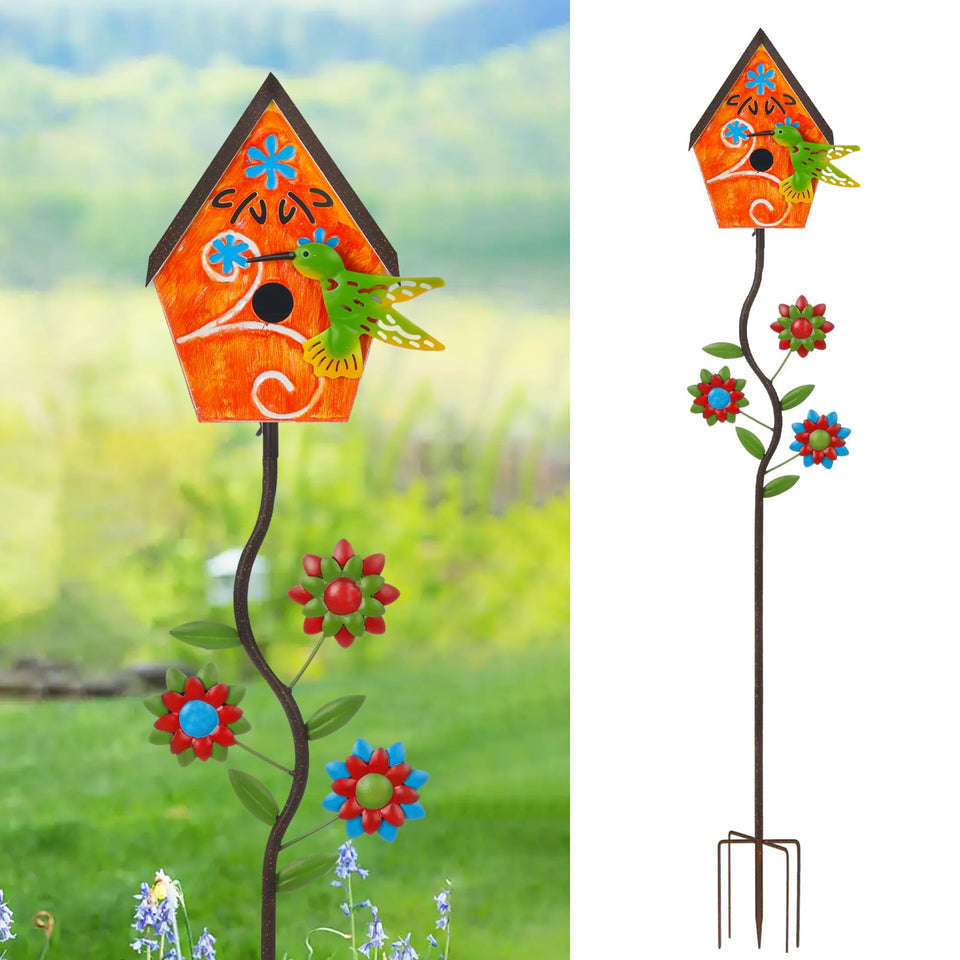 BAYN birdhouse stake with orange hummingbird attracts small birds to your garden.