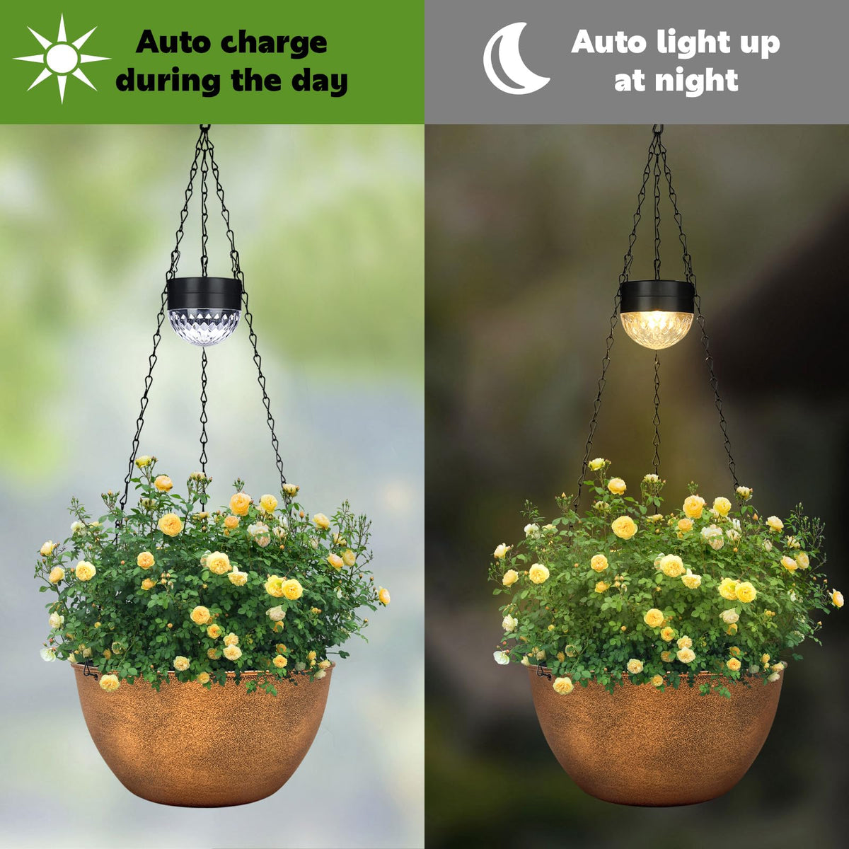 Bayn weather-resistant plastic planter with metal chain and hook.