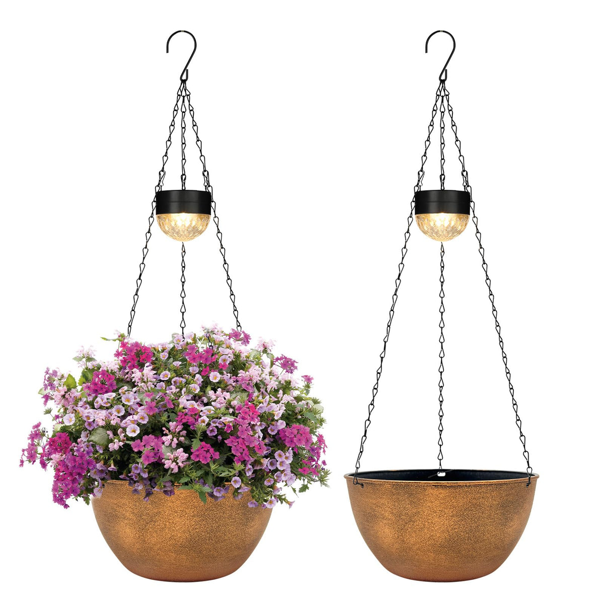 Bayn solar hanging basket planter with bronze finish, two pots for stylish outdoor decor.