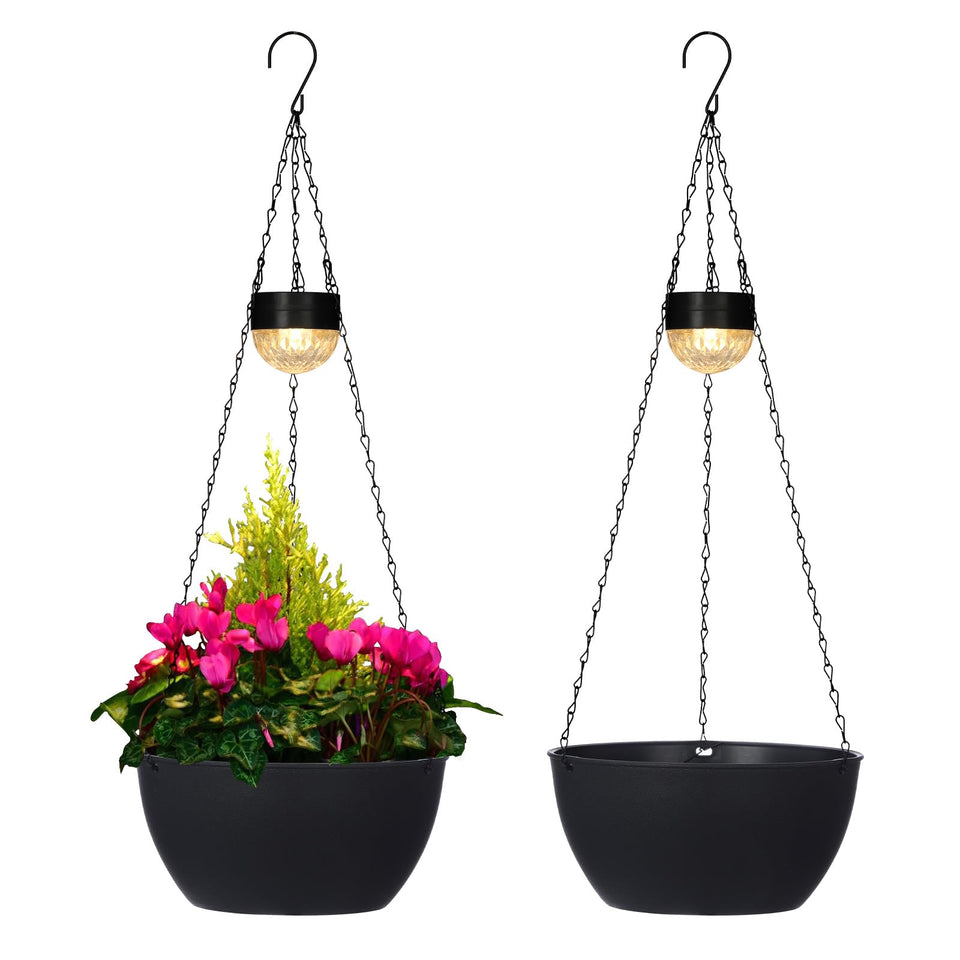 BAYN solar hanging basket planter on porch with soft dusk illumination.