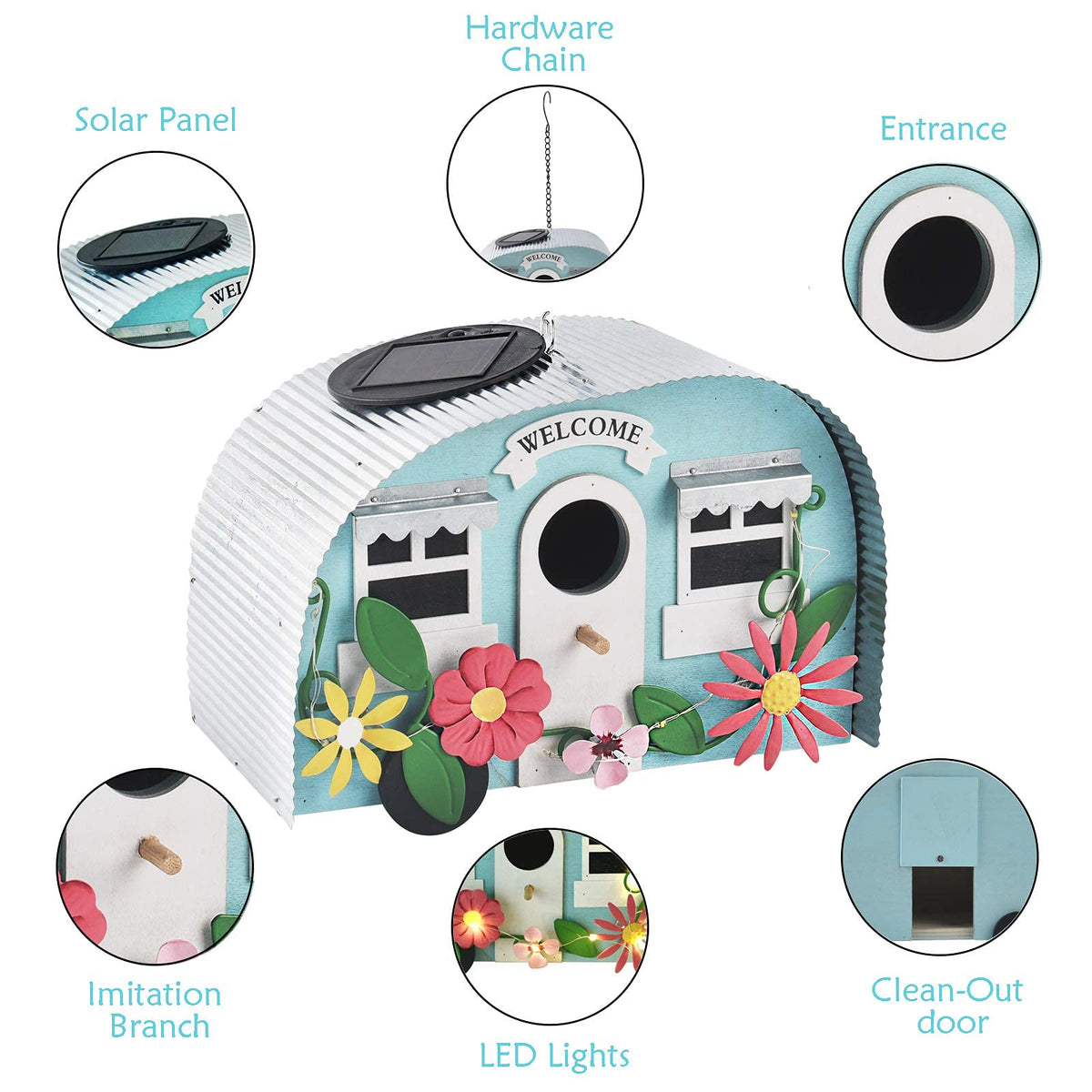 BAYN solar-powered bird house lights auto-charge by day for nighttime viewing.
