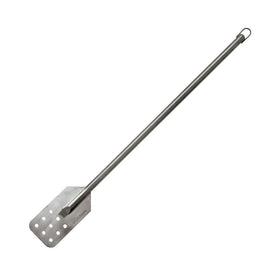 Bayou Classic 1042 stainless stir paddle deep in a large boil pot for thorough mixing.
