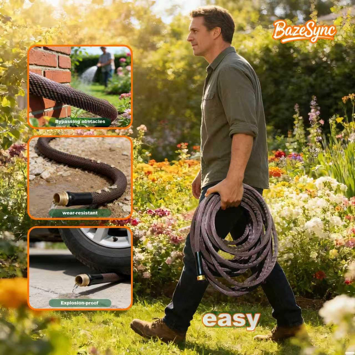 BazeSync Garden Hose 100FT kink-resistant design reduces tangles during use