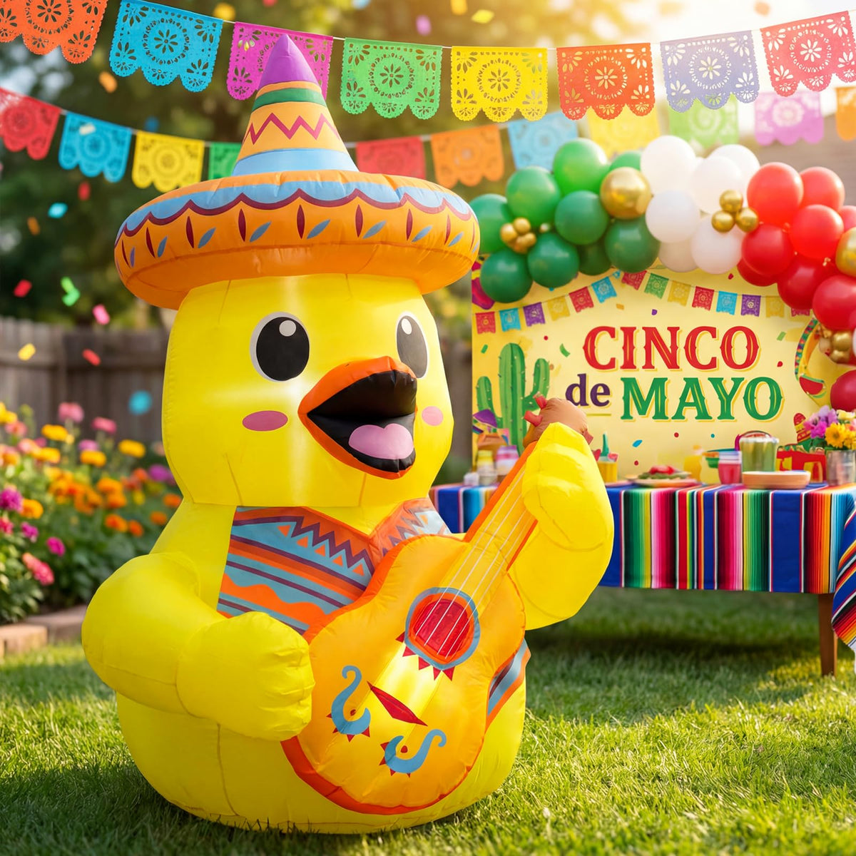 BBioc 5ft Cinco de Mayo duck inflatable with sombrero and guitar for outdoor fiesta decor.