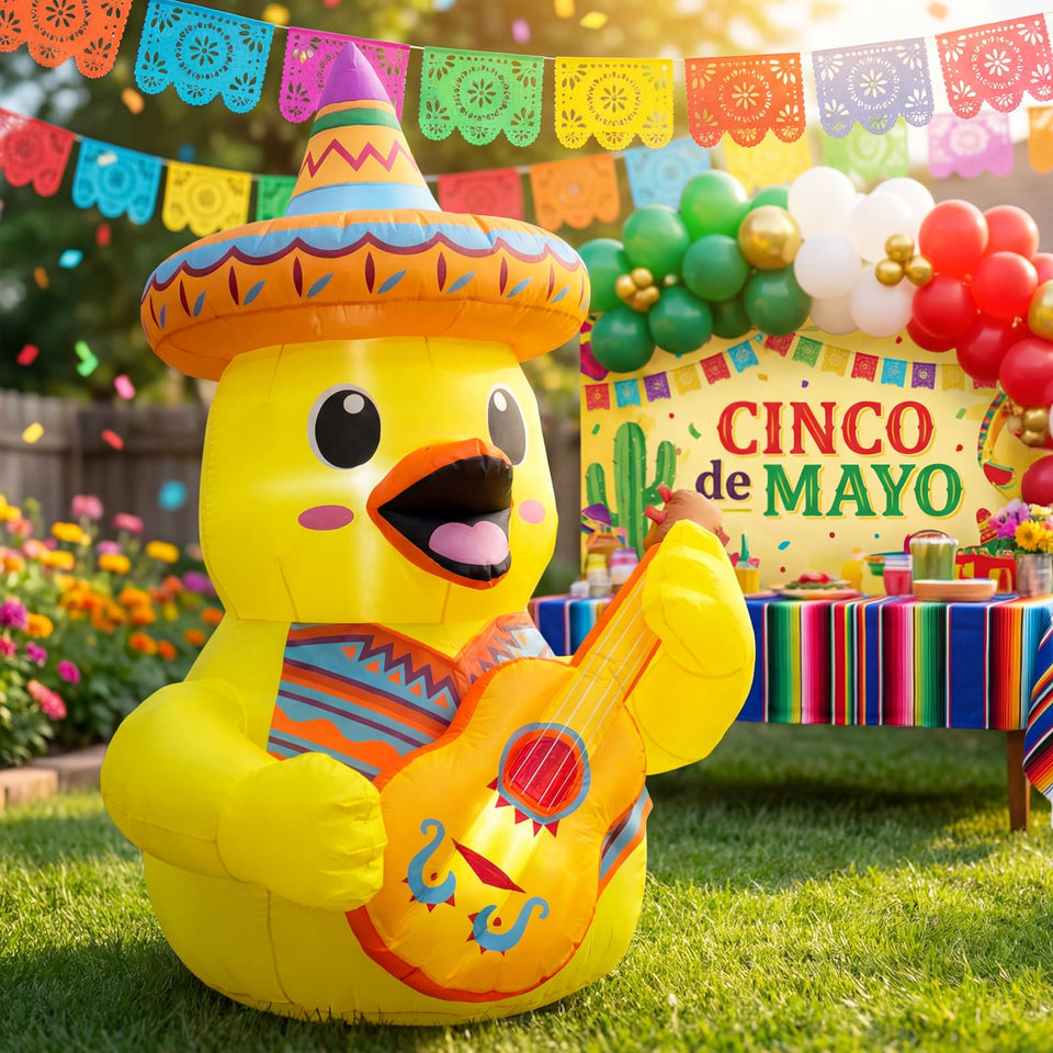 BBioc 5ft Cinco de Mayo duck inflatable with sombrero and guitar for outdoor fiesta decor.