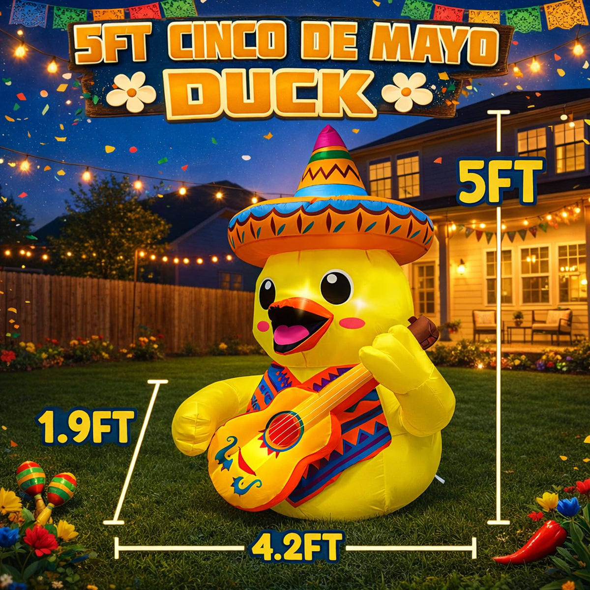 BBioc Cinco de Mayo duck inflatable showcases vibrant colors for front yard party photos.