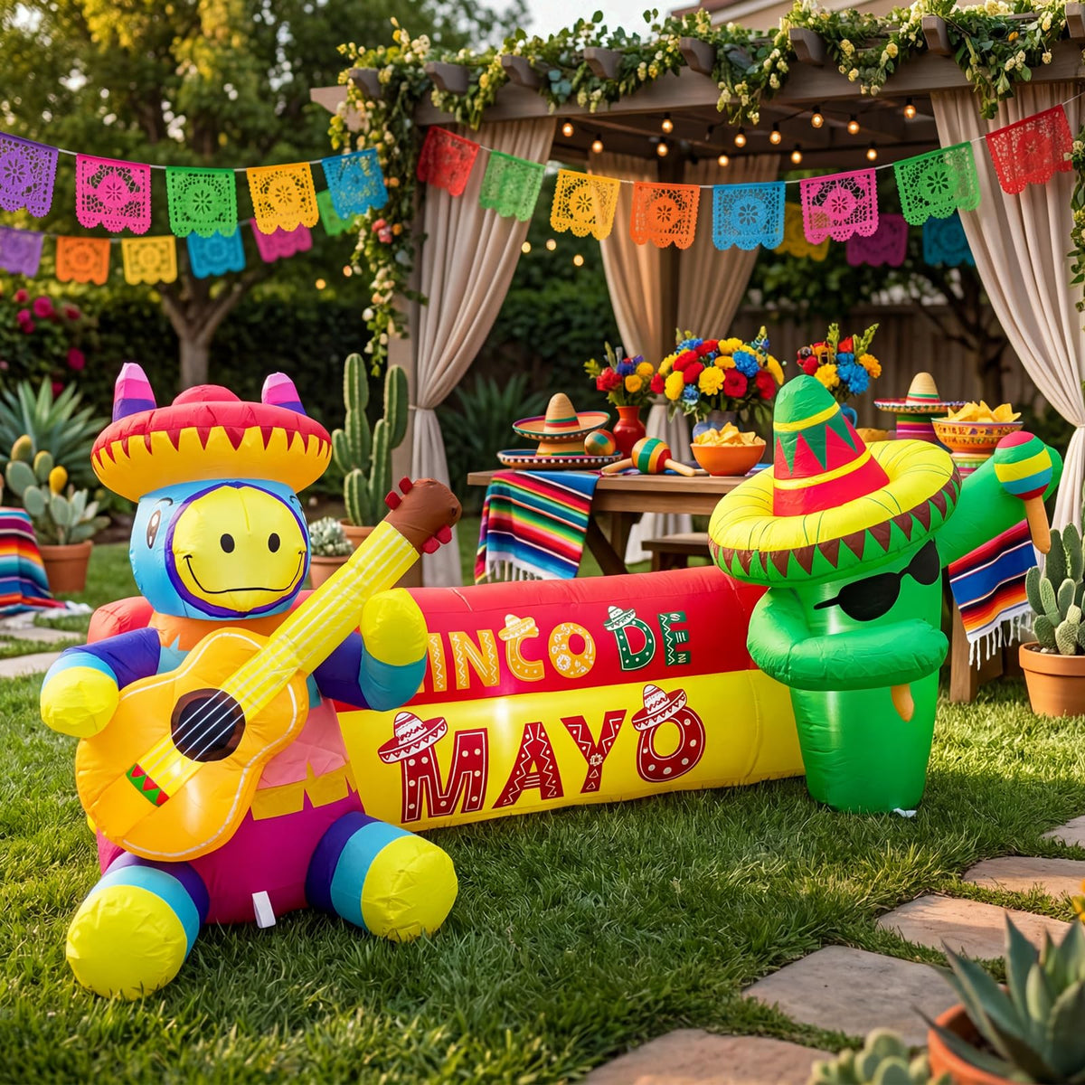 Bbioc Cinco de Mayo inflatable guitar-donkey with sombrero brightens front yard for photo-worthy moments.