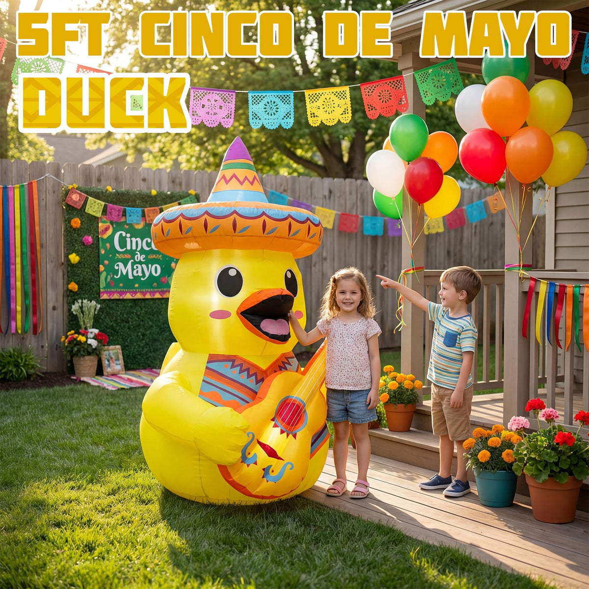BBioc duck inflatable with sombrero and guitar creates a focal point at fiestas.