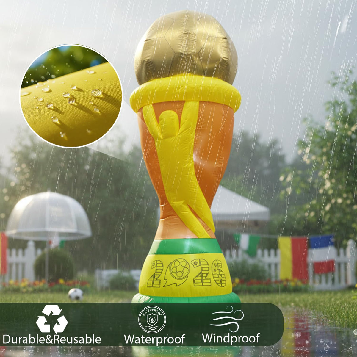 bbioc outdoor inflatable trophy with stakes ensures stable yard setup.