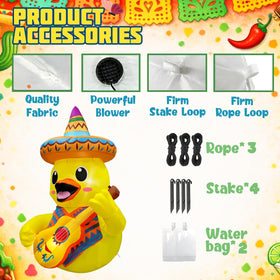 BBioc durable inflatable includes stakes and tethers for secure yard display.