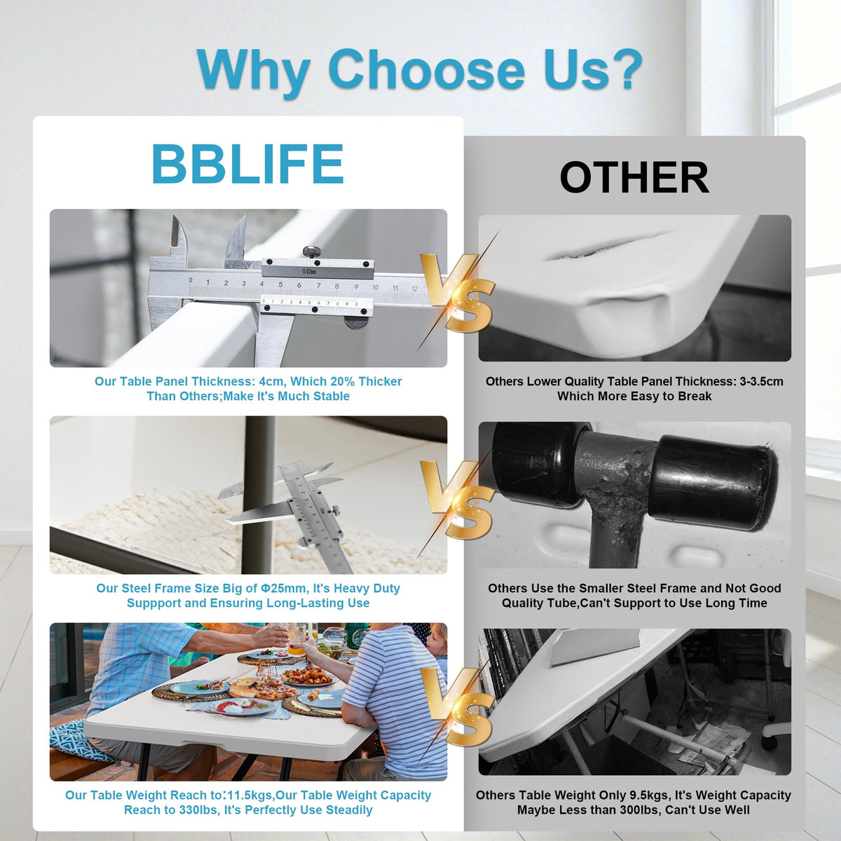 Bblife folding table with steel legs providing lasting support