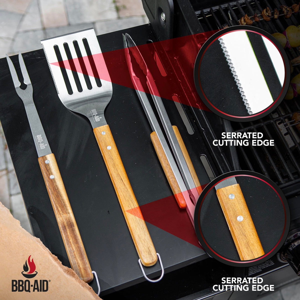 BBQ-Aid spatula with solid wood handle for easy turning
