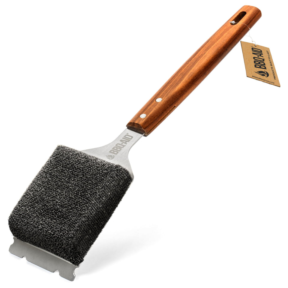 BBQ-AID bristle-free brush close-up highlighting safer, scratch-free grill cleaning.