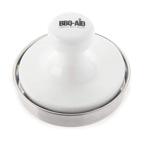 BBQ-Aid burger press side view highlights sturdy frame for consistent pressing.