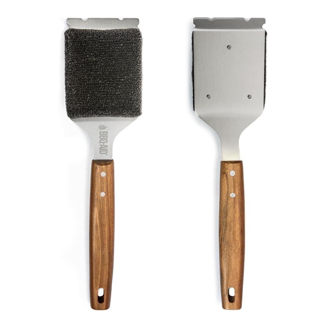 BBQ-AID extended large wooden handle close-up showing ergonomic grip and reach.
