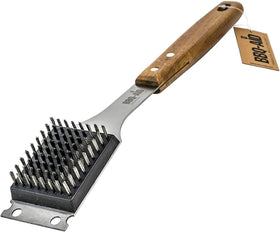 BBQ-Aid grill brush with extended wooden handle for easier, safer cleaning.