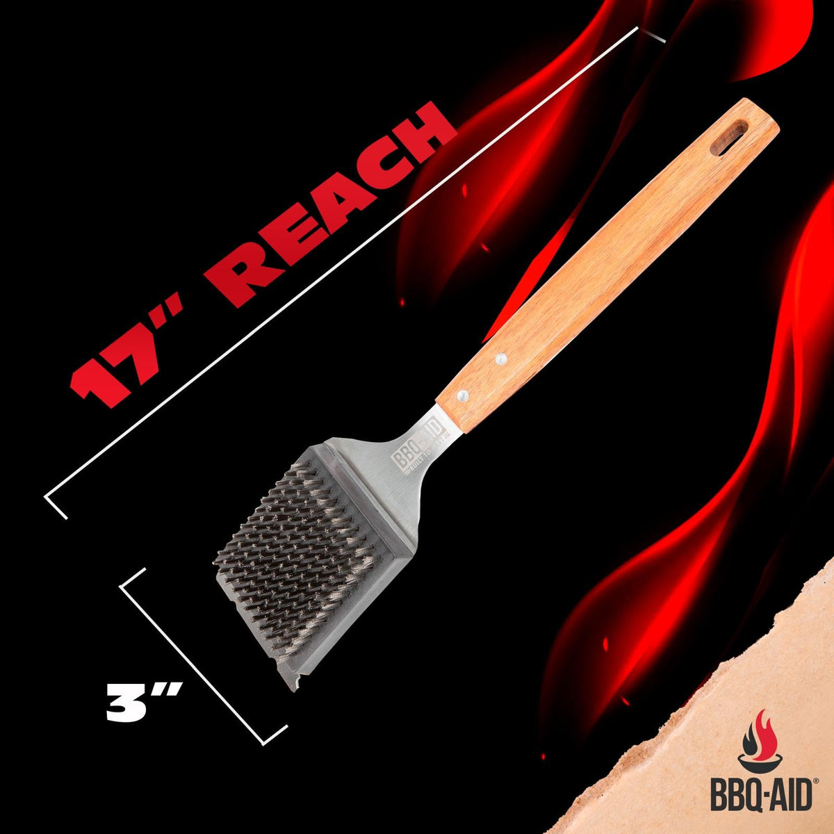 BBQ-Aid replaceable stainless bristles head enhances durability and lifespan.