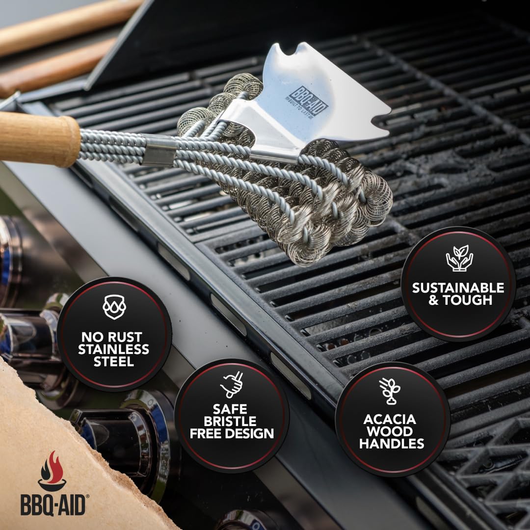 BBQ-Aid grill brush with stainless bristles for safe residue removal