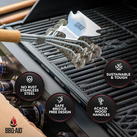 BBQ-Aid grill brush with stainless bristles for safe residue removal