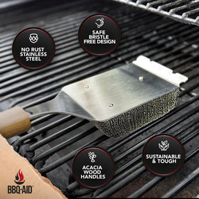 BBQ-AID no-scratch design close-up proving gentle cleaning on nonstick coatings.